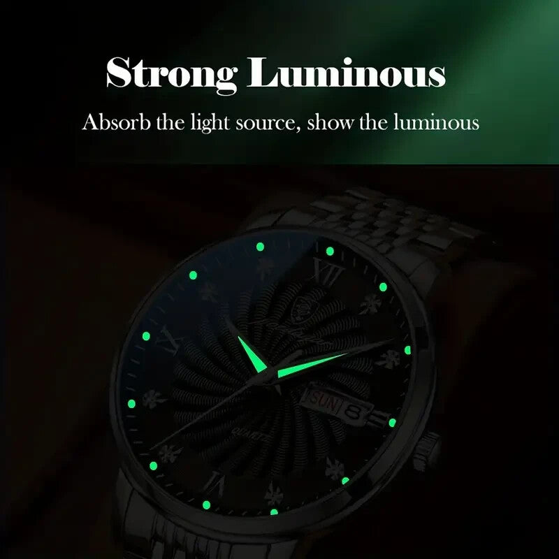 Luminous Quartz Men Watch Wristwatch Waterproof Stainless Steel Calendar Golden