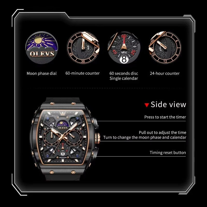 OLEVS Men's Quartz Watch Waterproof Luminous Wristwatch for Male Silicone Band