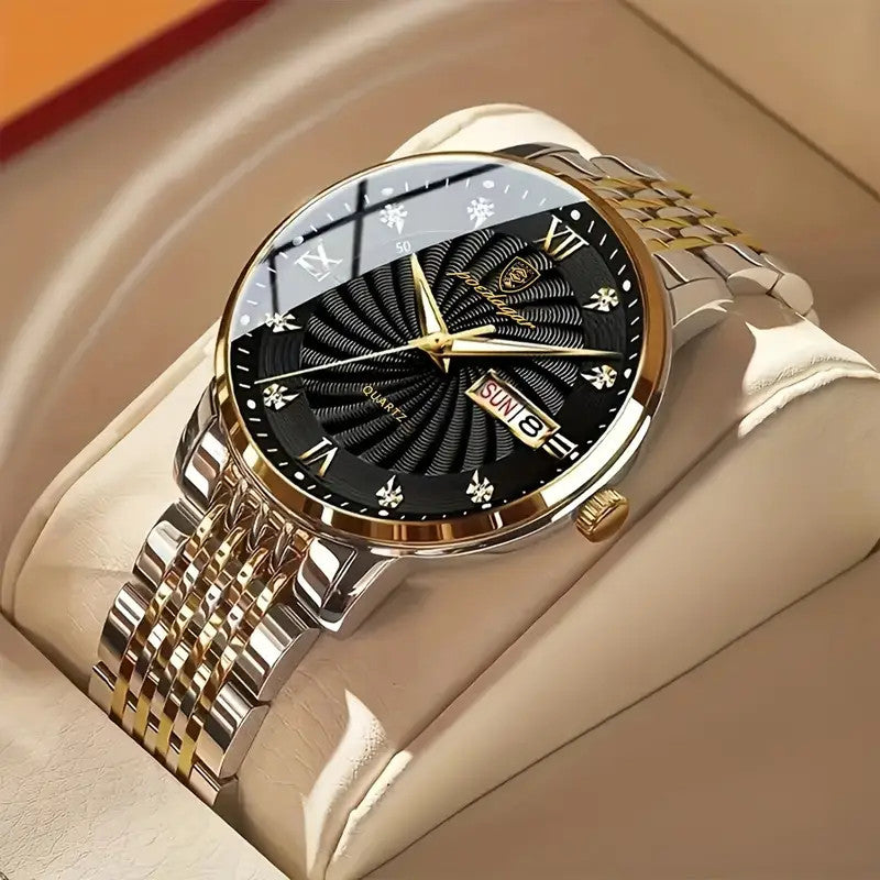 Luminous Quartz Men Watch Wristwatch Waterproof Stainless Steel Calendar Golden