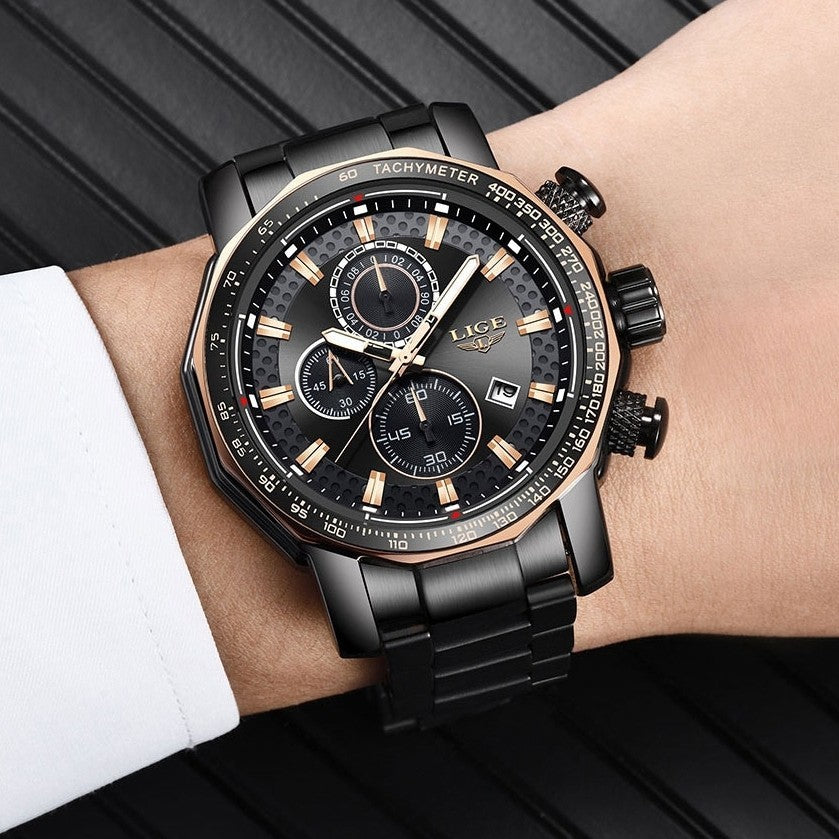 LIGE Men's Casual Wristwatch Quartz Date Chronograph 3ATM Waterproof Sport Watch