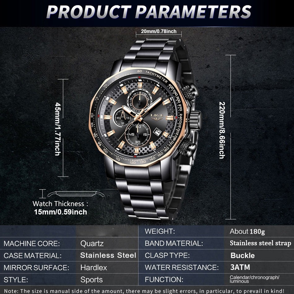 LIGE Men's Casual Wristwatch Quartz Date Chronograph 3ATM Waterproof Sport Watch