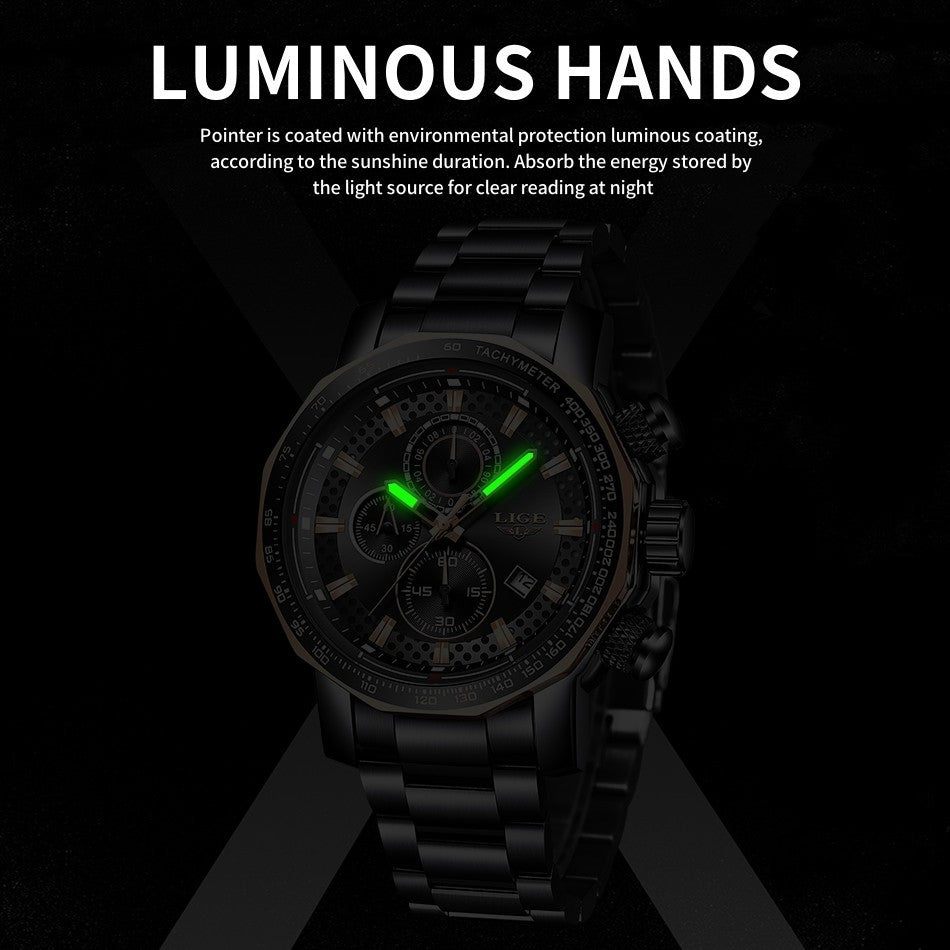 LIGE Men's Casual Wristwatch Quartz Date Chronograph 3ATM Waterproof Sport Watch