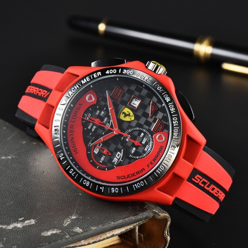 Waterproof Men's F1 Scuderia Ferrari 44mm Luxury Chronograph Red Silicone Watch