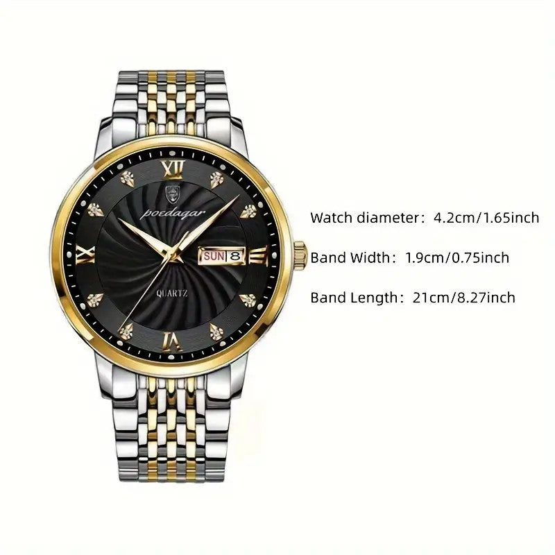 Luminous Quartz Men Watch Wristwatch Waterproof Stainless Steel Calendar Golden