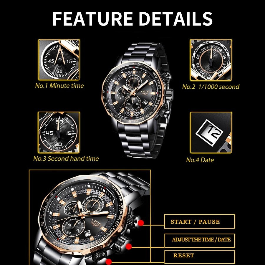LIGE Men's Casual Wristwatch Quartz Date Chronograph 3ATM Waterproof Sport Watch