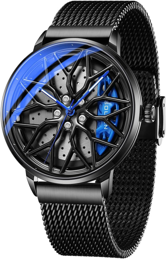SOLLEN Car Watches for Men, Spinning Wheel Rim Watch, Casual Blue