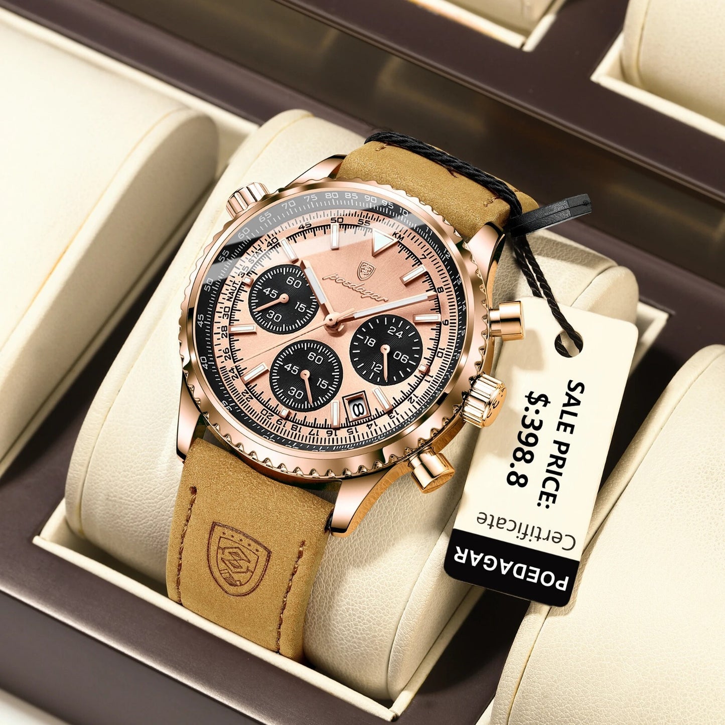 Men's Luxury Waterproof Chronograph Leather Watch Luminous Dial Birthday Gift