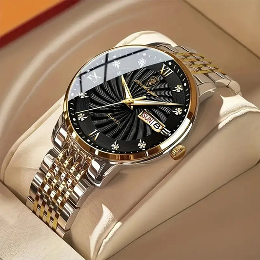 Luminous Quartz Men Watch Wristwatch Waterproof Stainless Steel Calendar Golden