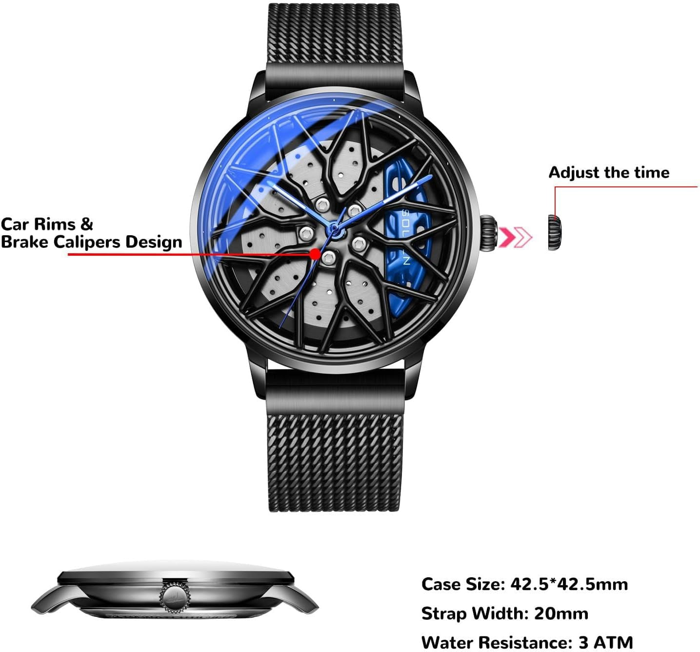 SOLLEN Car Watches for Men, Spinning Wheel Rim Watch, Casual Blue