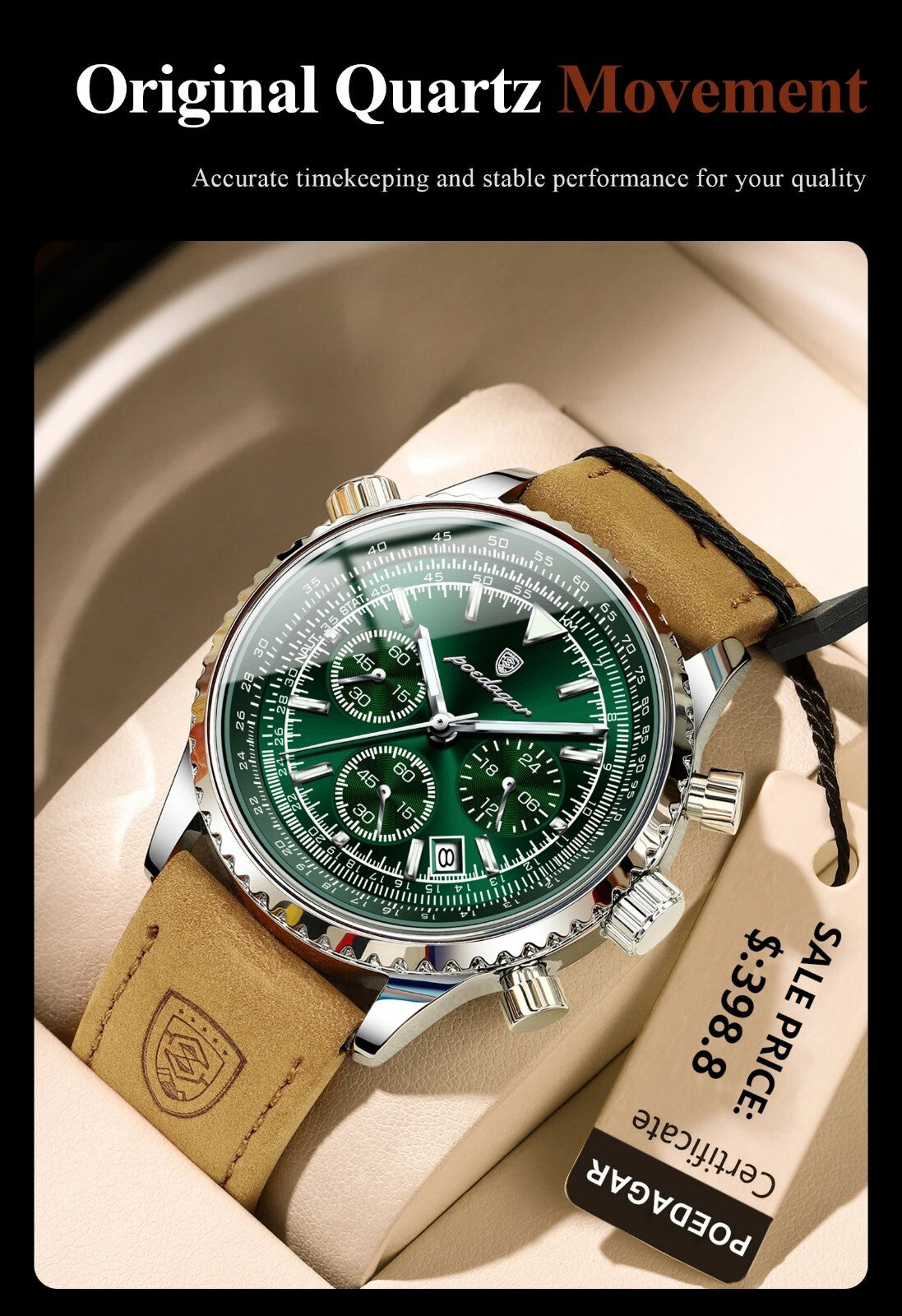 Men's Luxury Waterproof Chronograph Leather Watch Luminous Dial Birthday Gift