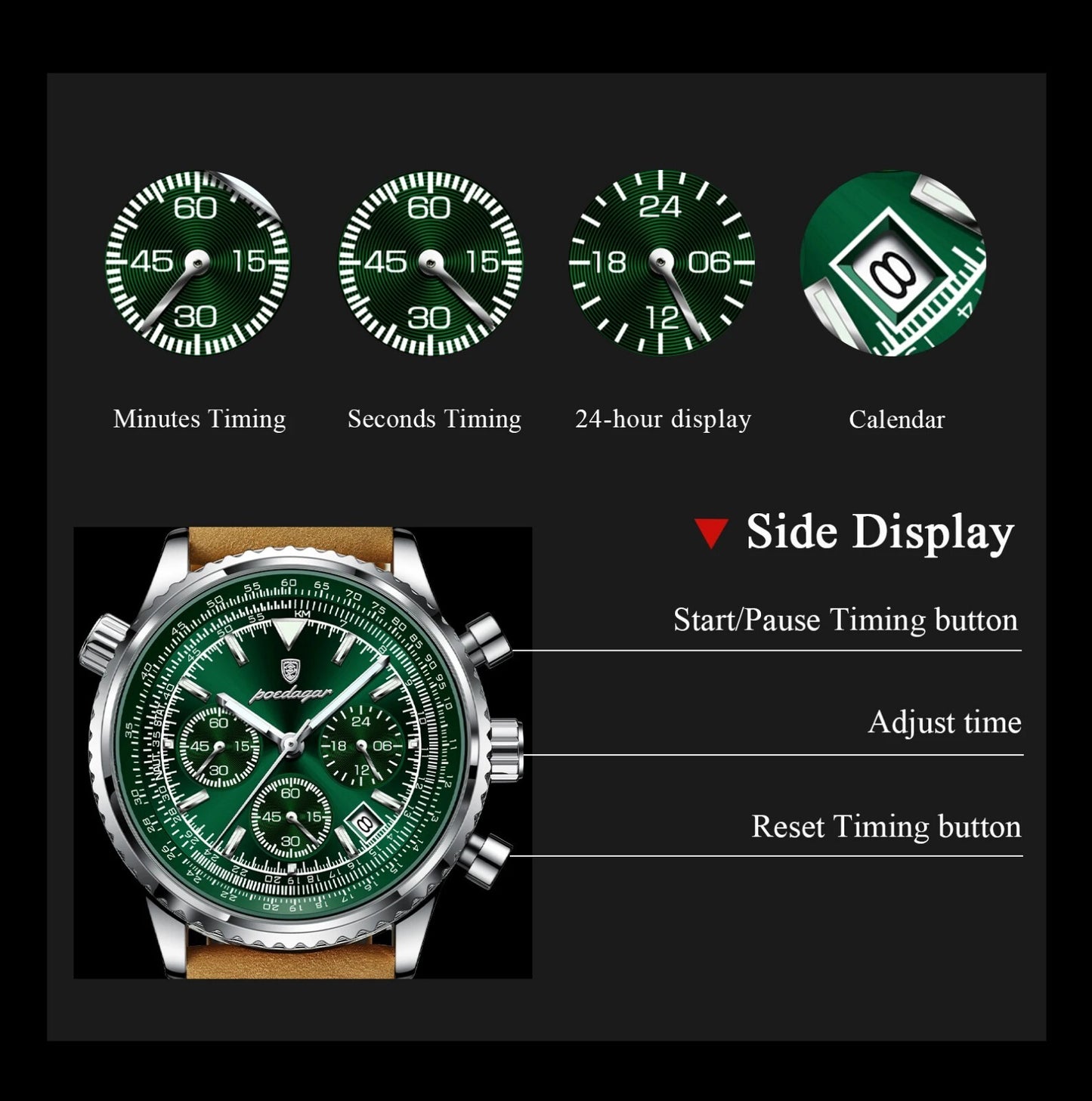 Men's Luxury Waterproof Chronograph Leather Watch Luminous Dial Birthday Gift