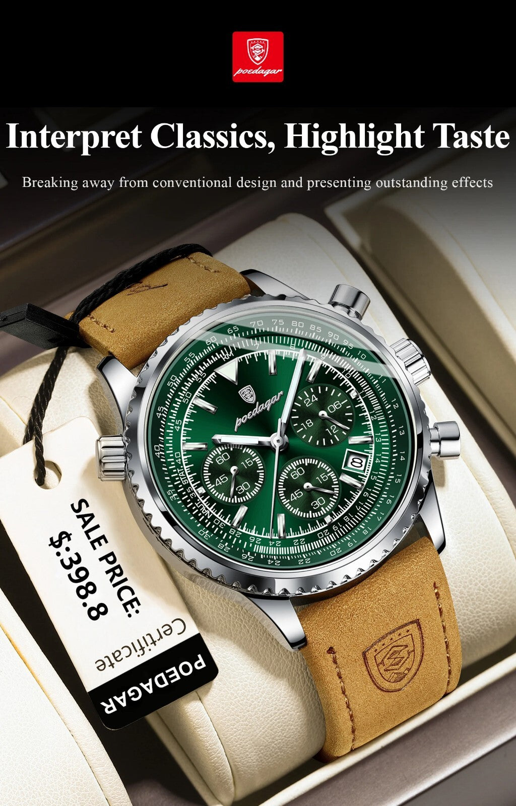 Men's Luxury Waterproof Chronograph Leather Watch Luminous Dial Birthday Gift