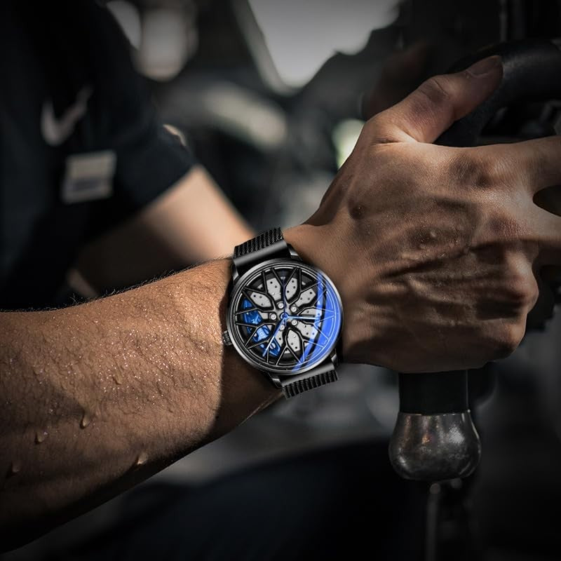 SOLLEN Car Watches for Men, Spinning Wheel Rim Watch, Casual Blue