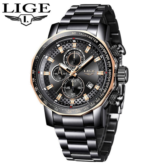 LIGE Men's Casual Wristwatch Quartz Date Chronograph 3ATM Waterproof Sport Watch