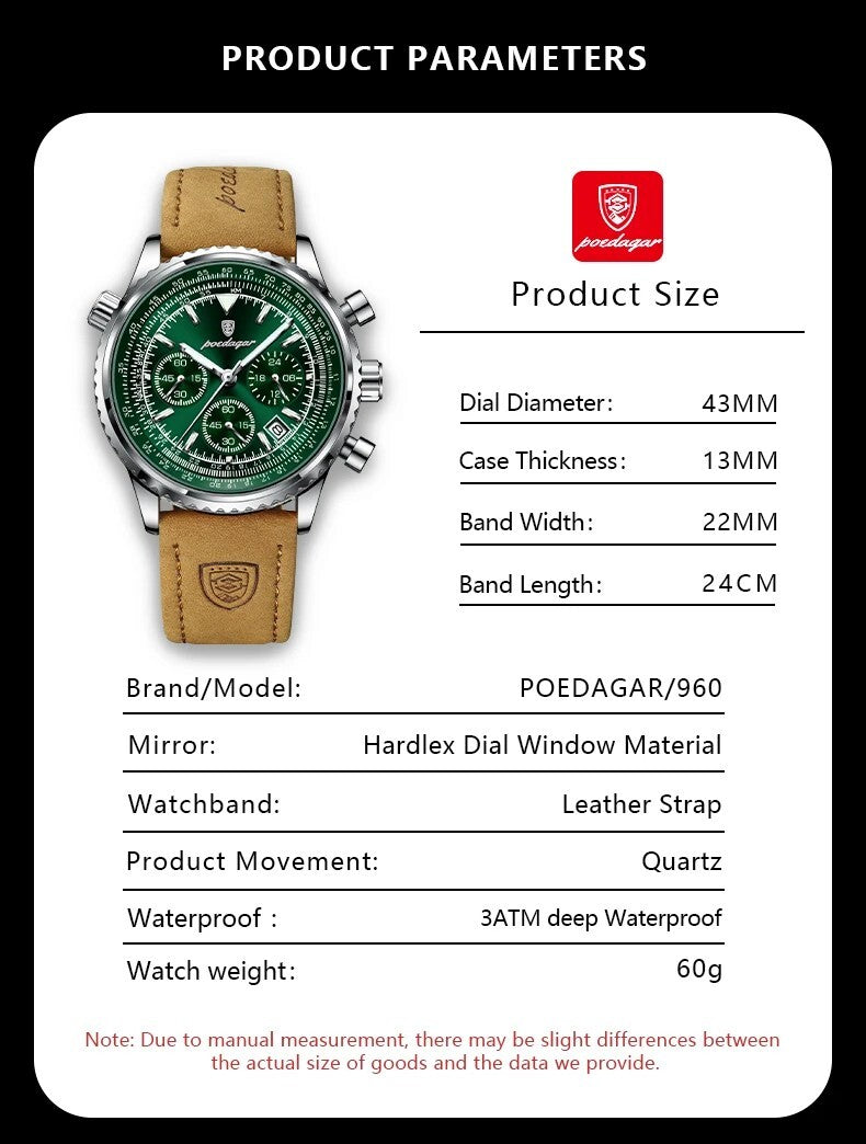 Men's Luxury Waterproof Chronograph Leather Watch Luminous Dial Birthday Gift