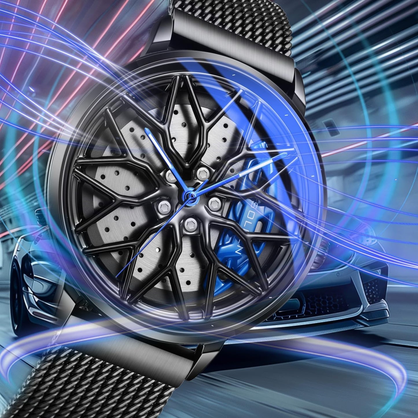SOLLEN Car Watches for Men, Spinning Wheel Rim Watch, Casual Blue