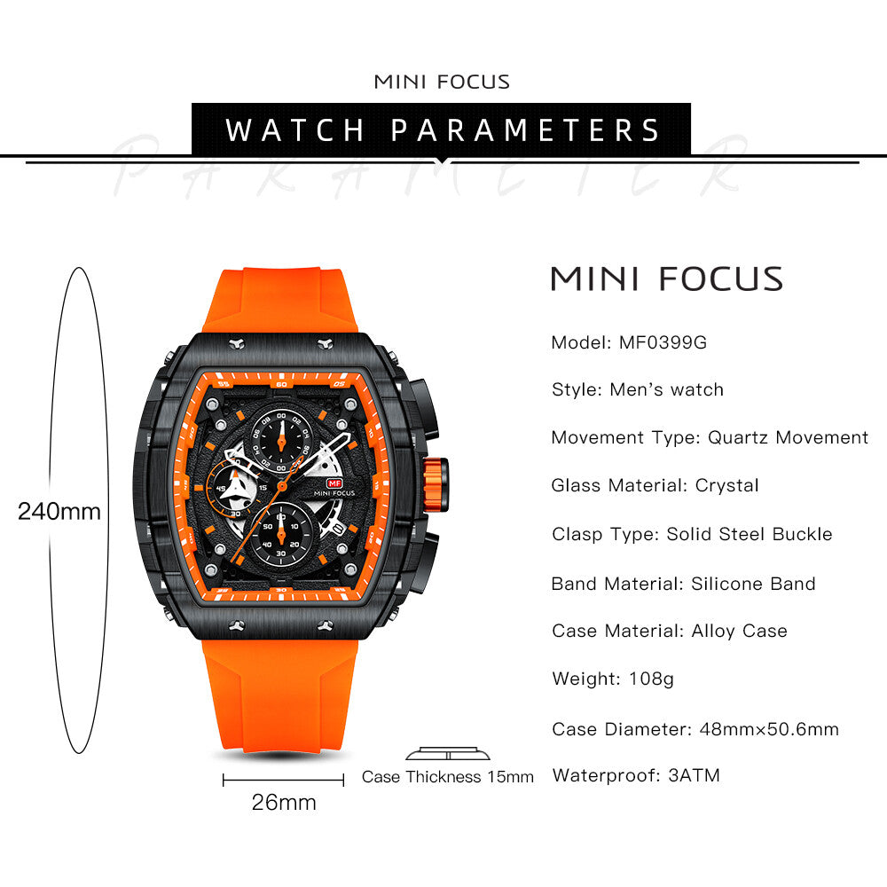 MINI FOCUS Men Rectangle Watch Luminous Wristwatch Fashion blue Boys Sport Watch