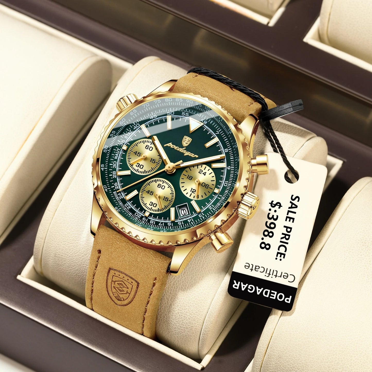 Men's Luxury Waterproof Chronograph Leather Watch Luminous Dial Birthday Gift