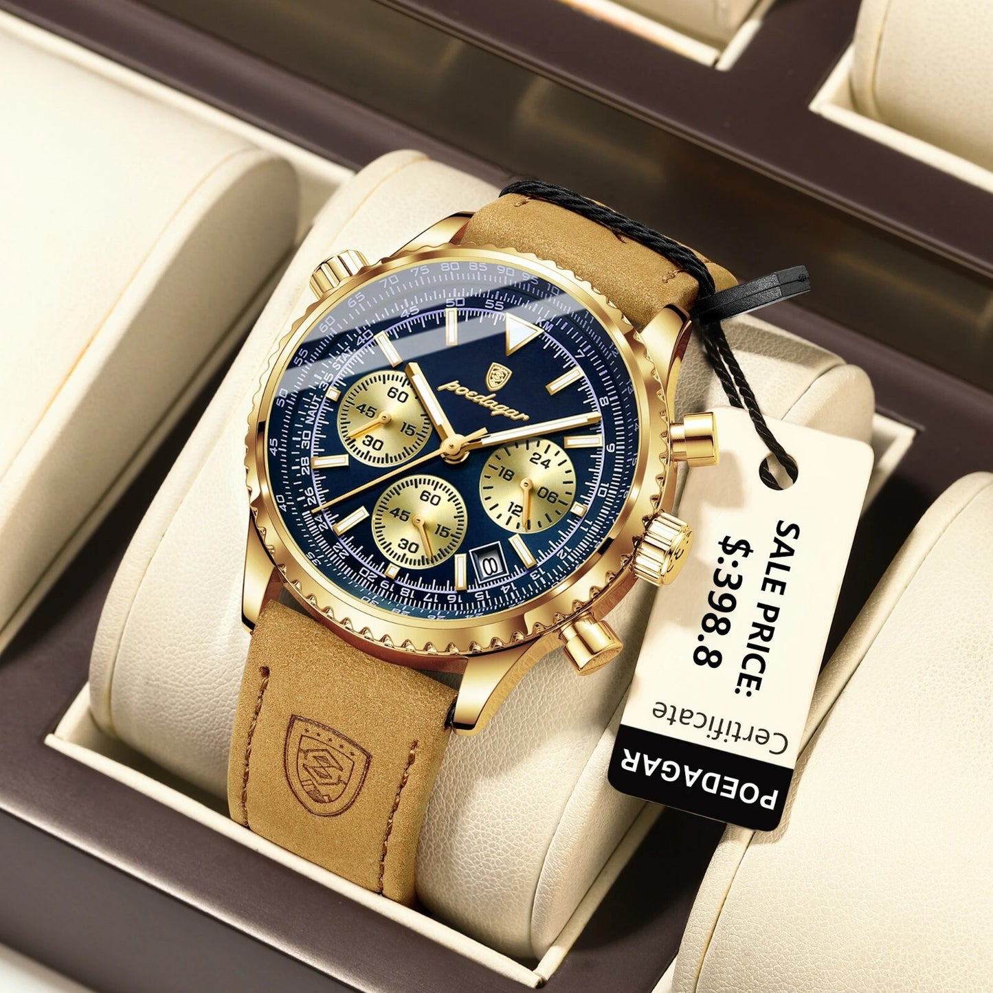 Men's Luxury Waterproof Chronograph Leather Watch Luminous Dial Birthday Gift