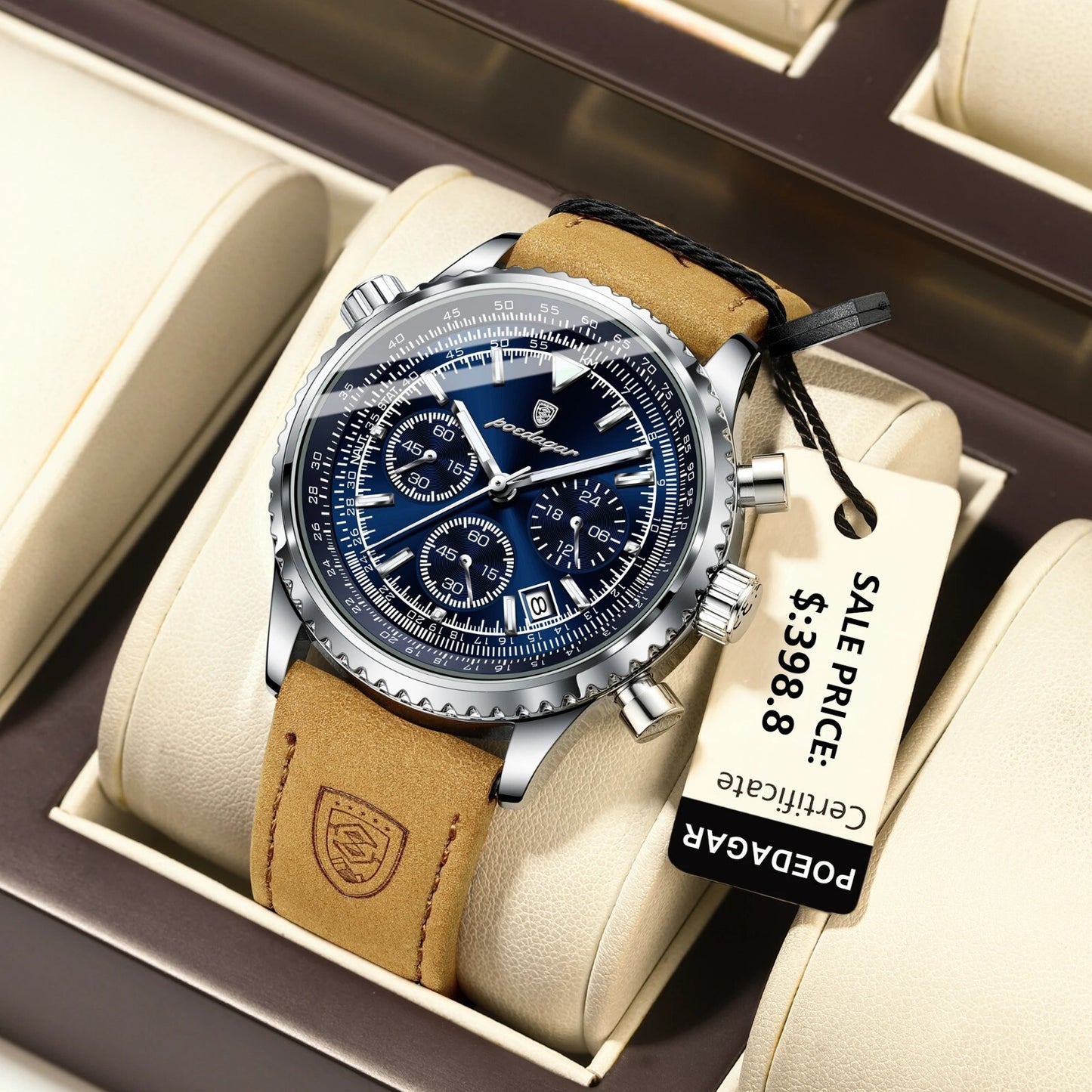 Men's Luxury Waterproof Chronograph Leather Watch Luminous Dial Birthday Gift