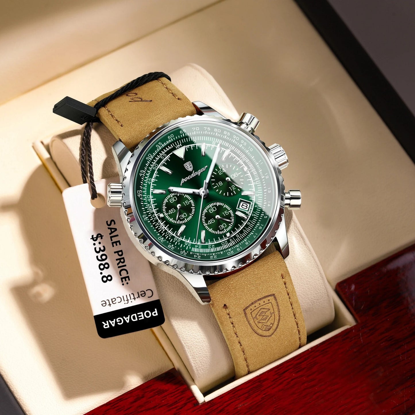 Men's Luxury Waterproof Chronograph Leather Watch Luminous Dial Birthday Gift