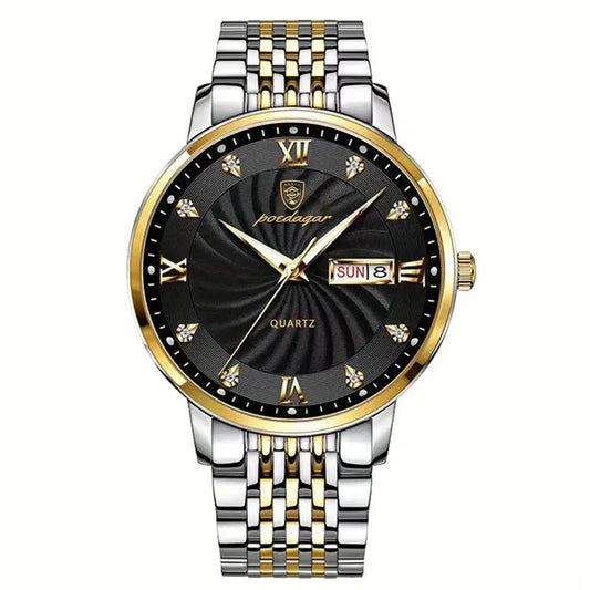 Luminous Quartz Men Watch Wristwatch Waterproof Stainless Steel Calendar Golden