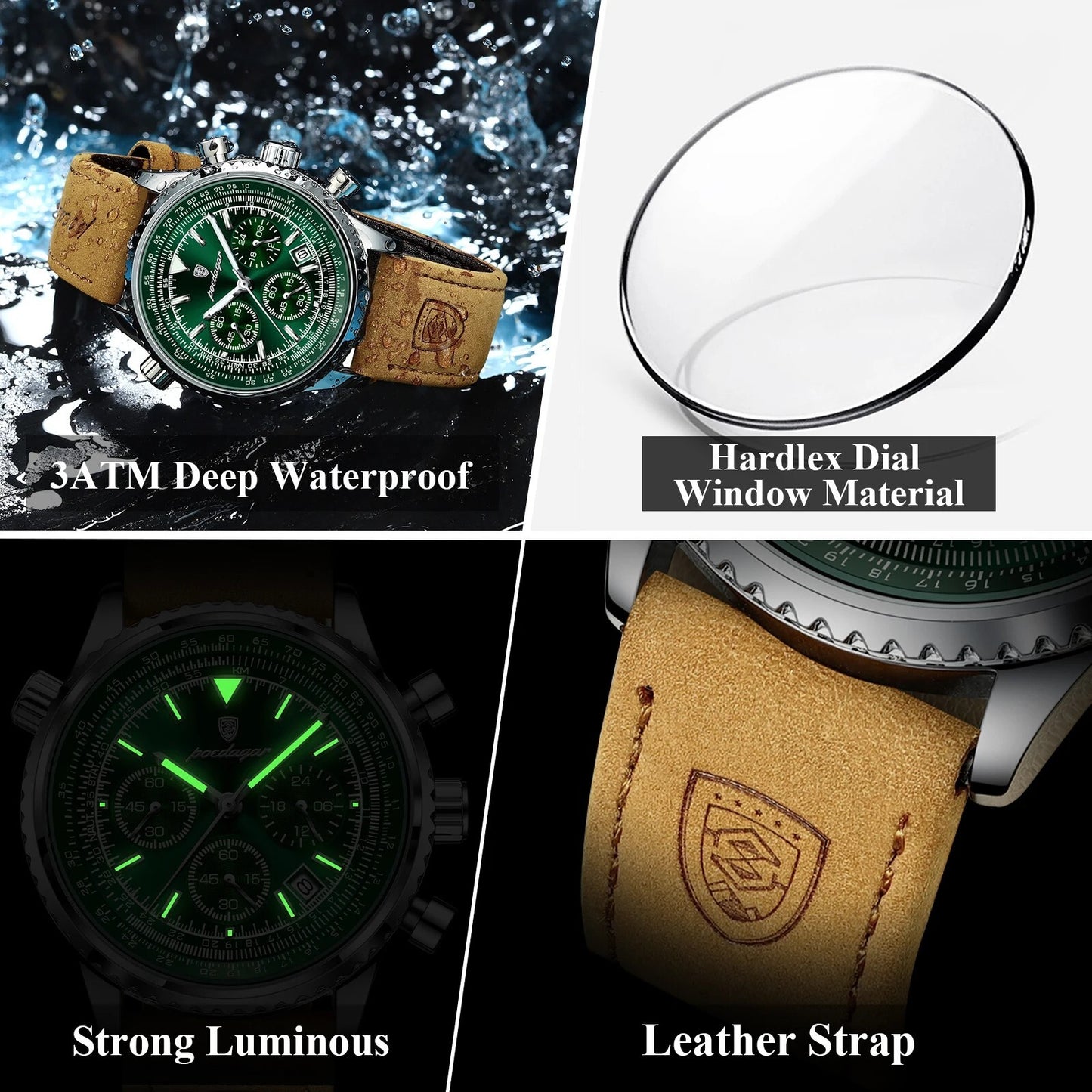Men's Luxury Waterproof Chronograph Leather Watch Luminous Dial Birthday Gift