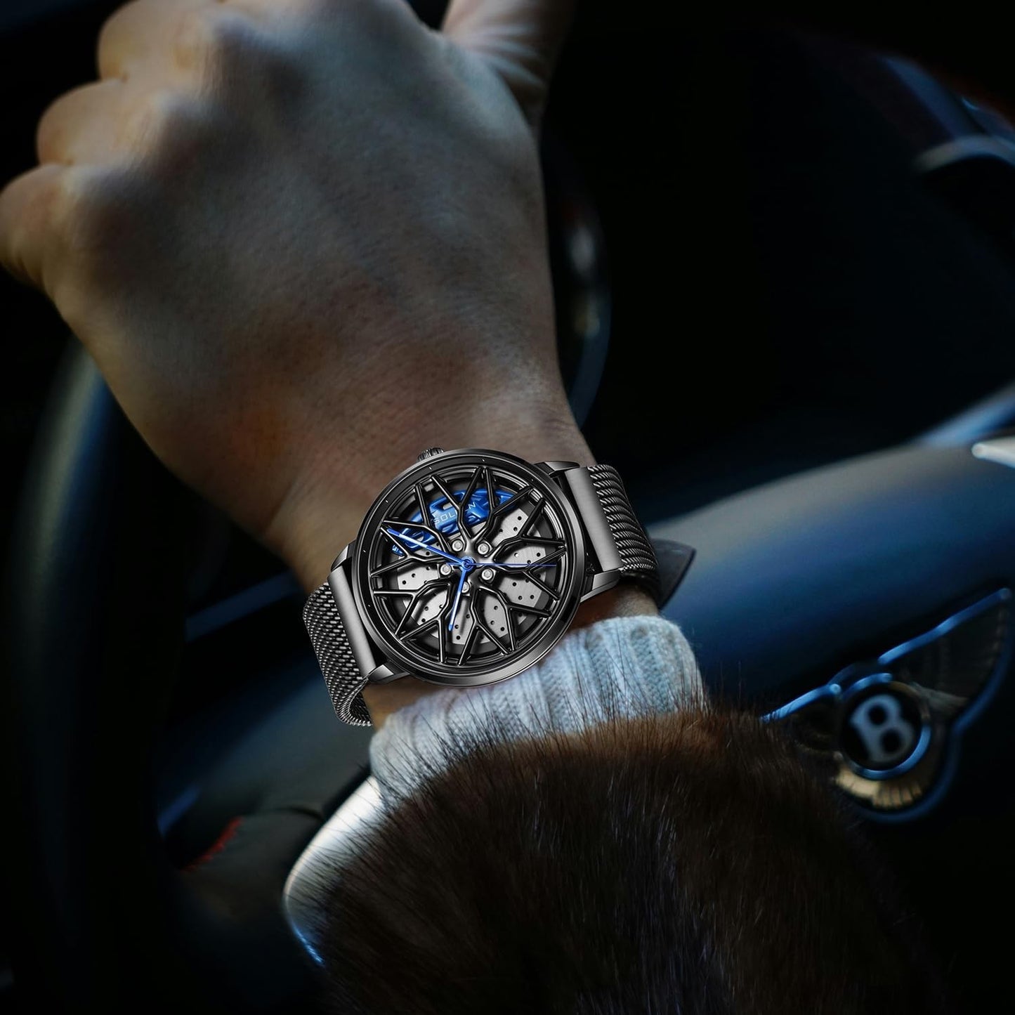 SOLLEN Car Watches for Men, Spinning Wheel Rim Watch, Casual Blue