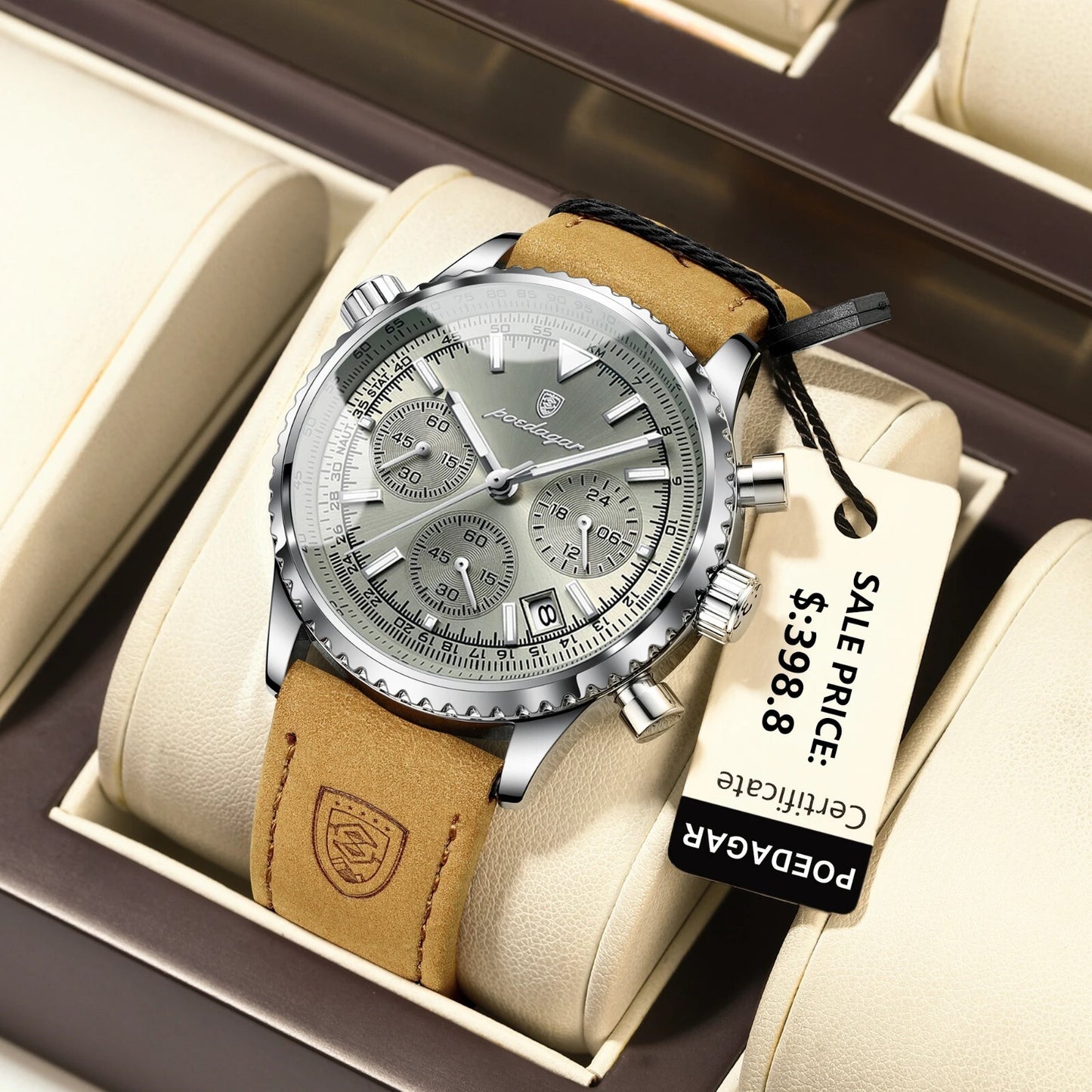 Men's Luxury Waterproof Chronograph Leather Watch Luminous Dial Birthday Gift